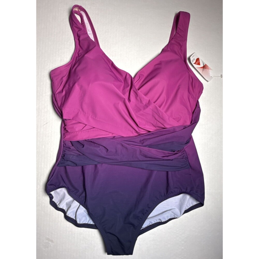 LANDS END Plus 18 Slender Suit Wrap One-Piece Swimsuit Pink Purple Ombre NWT